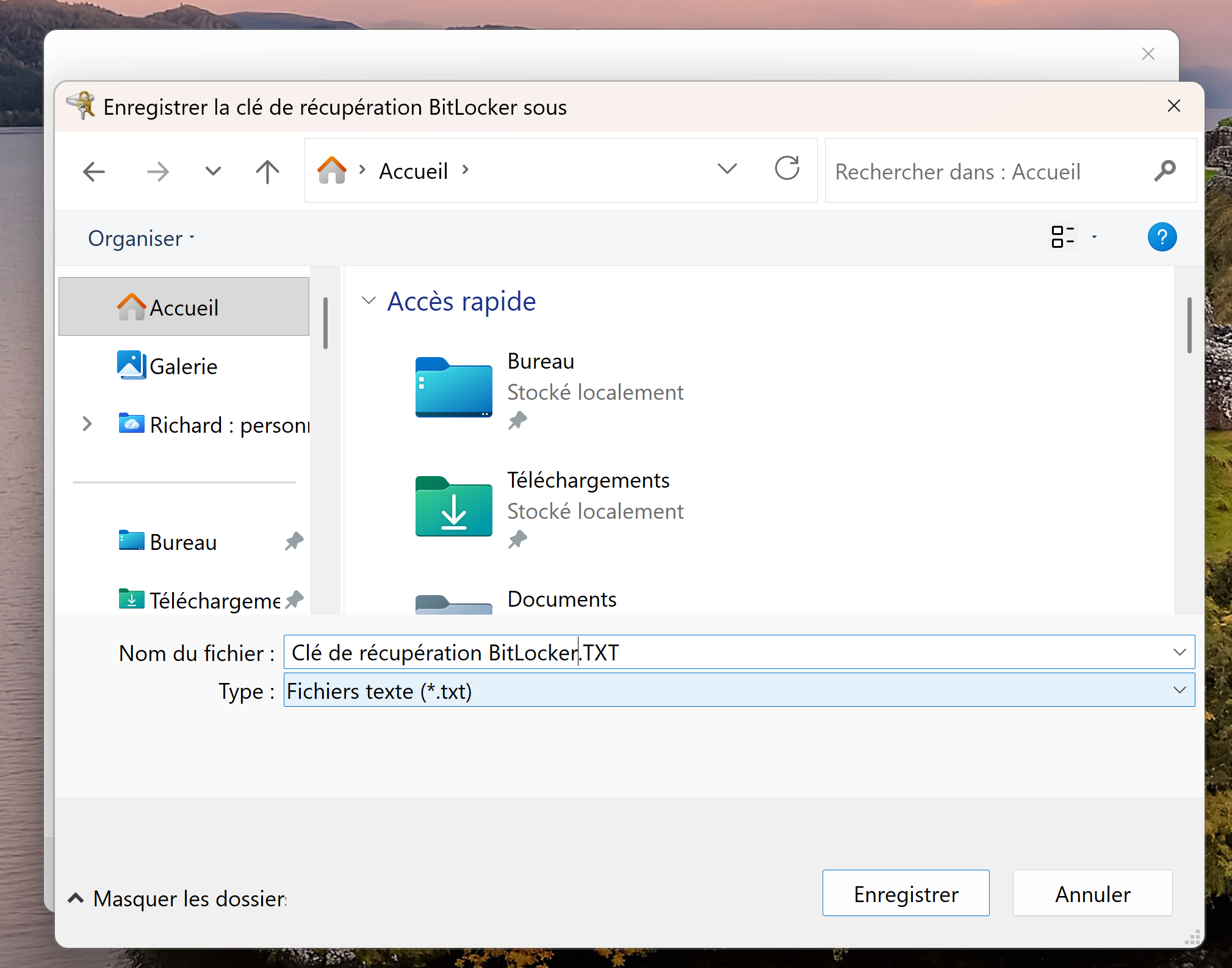 Enregistrement de la clé de récupération
