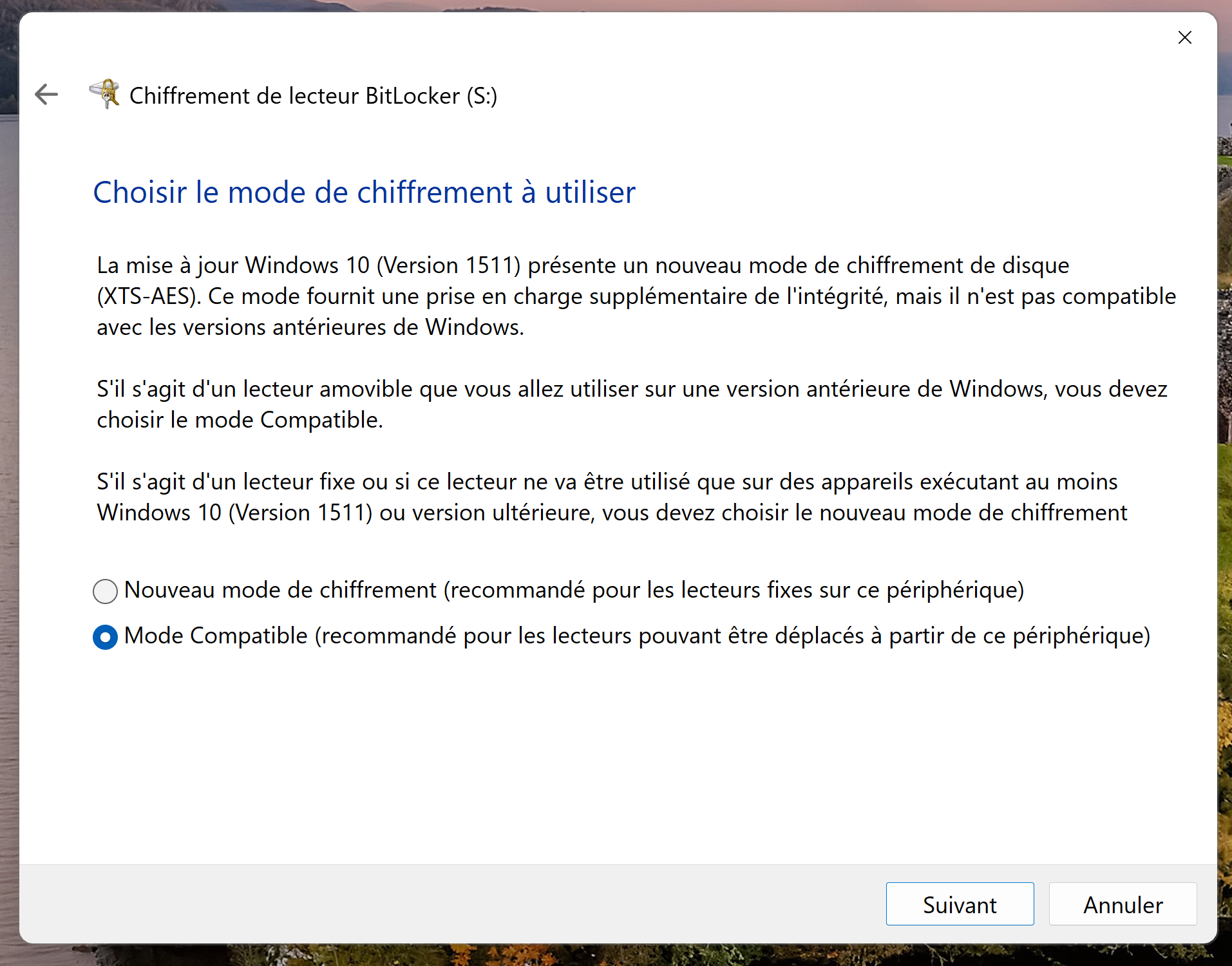 Choix du mode de chiffrement